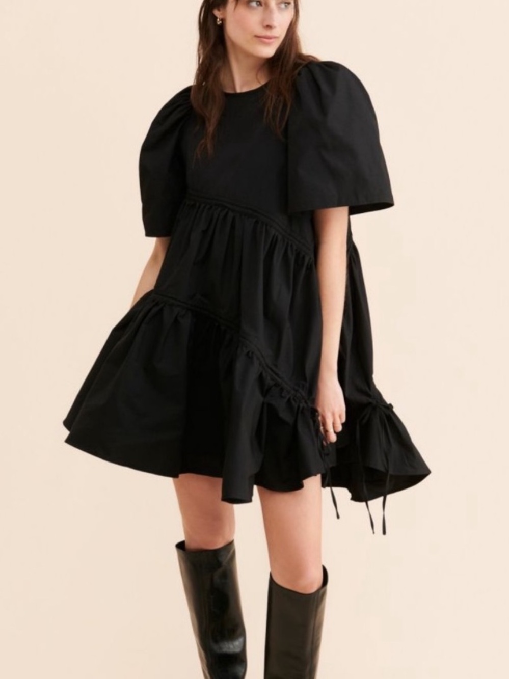 Ghospell Black Gathered Long-Sleeve Midi Dress asymmetrical